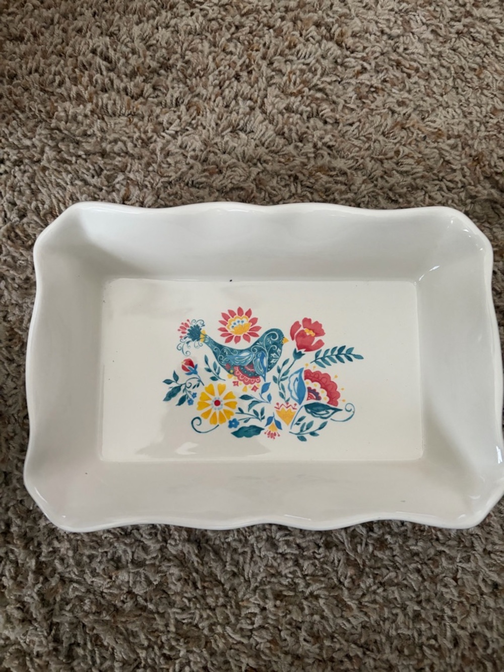 The Pioneer Woman White Ceramic Dish with Teal Logo